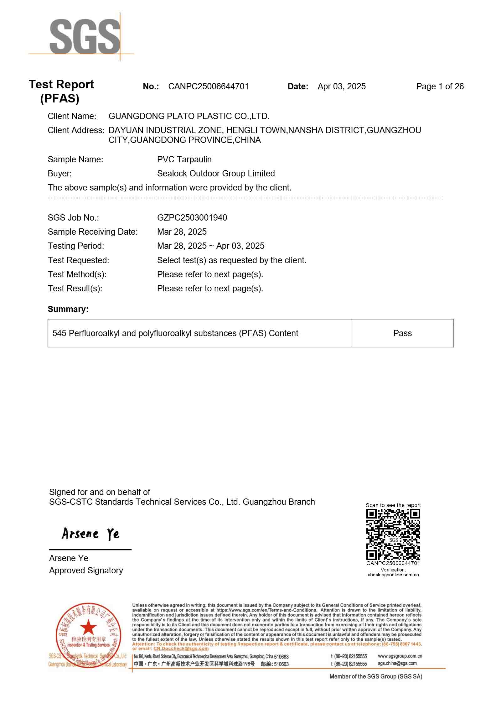 SGS PFAS-Free Test Report