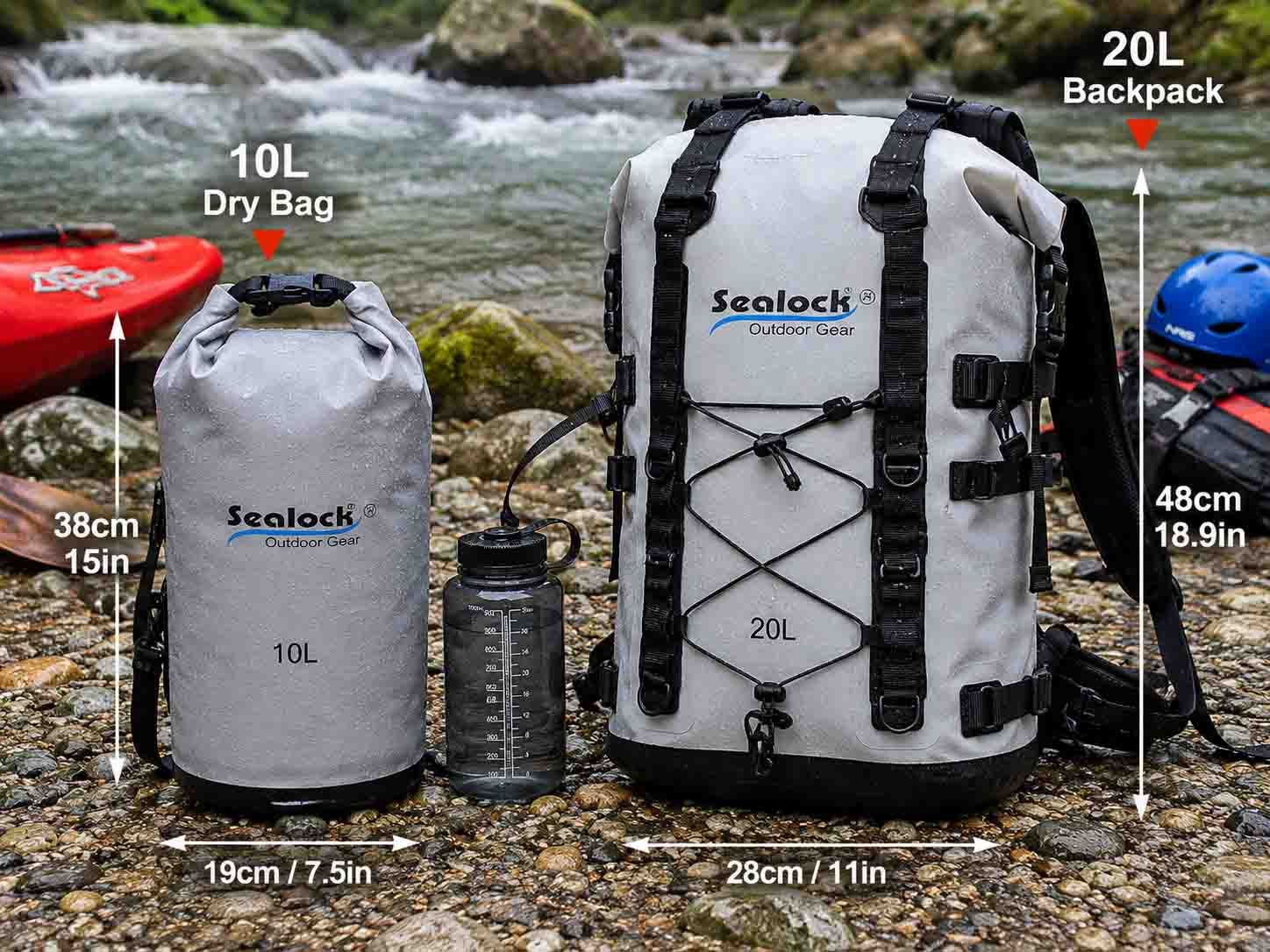 Real gear review photo comparing a packed 10L dry bag next to a loaded 20L TPU waterproof backpack on a gravel river bank, showing real gear footprints Real gear review photo comparing a packed 10L dry bag next to a loaded 20L TPU waterproof backpack on a gravel river bank, showing real gear footprints