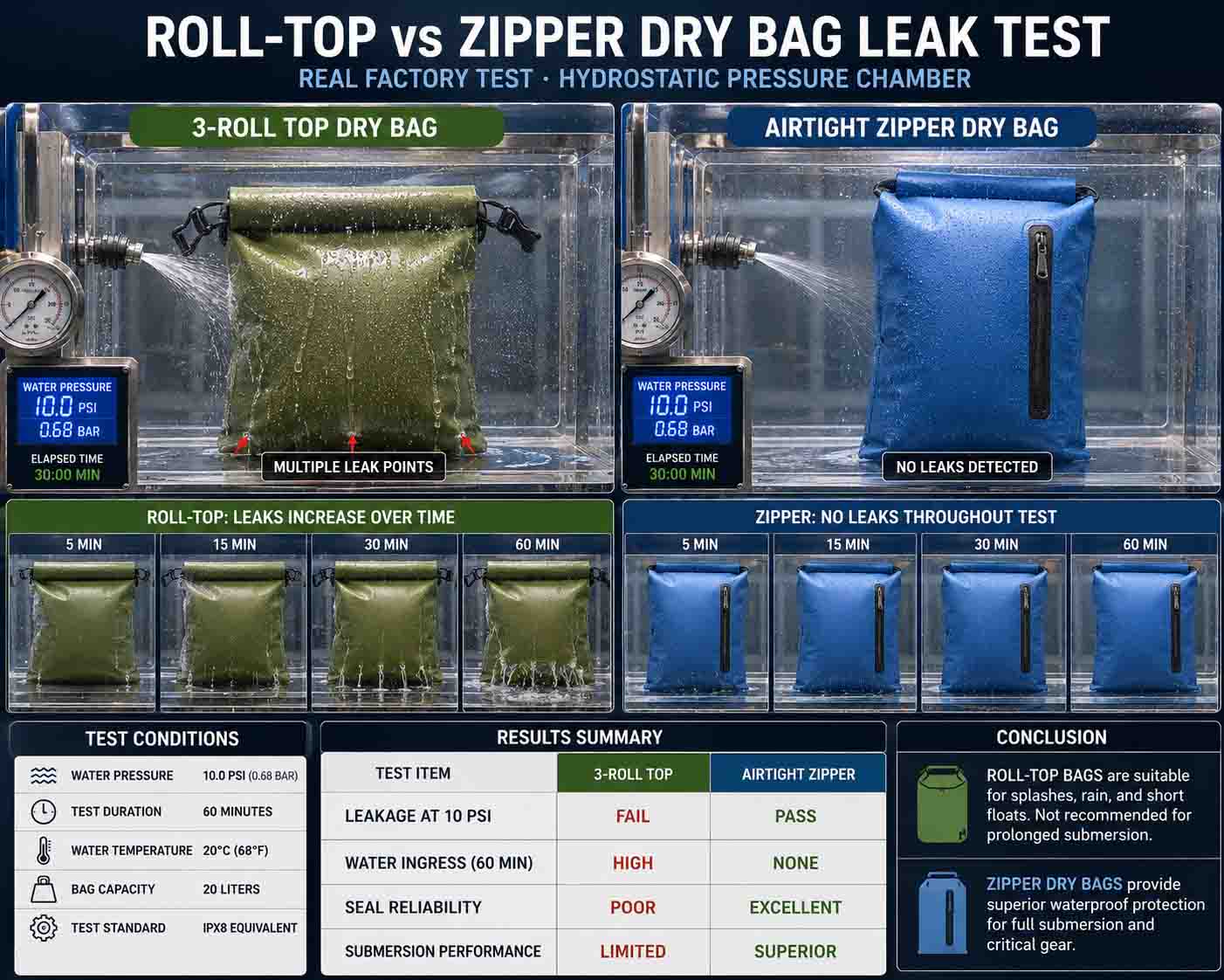 A factory hydrostatic testing chamber squeezing water against a transparent TPU zipper track next to a folded 3-roll top closure fabric under weight A factory hydrostatic testing chamber squeezing water against a transparent TPU zipper track next to a folded 3-roll top closure fabric under weight