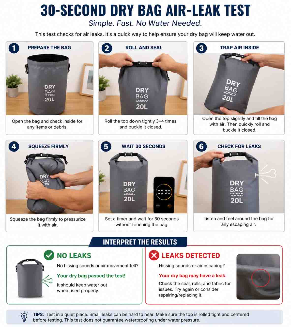 Demonstration of the 30-second dry bag air-leak test method at home