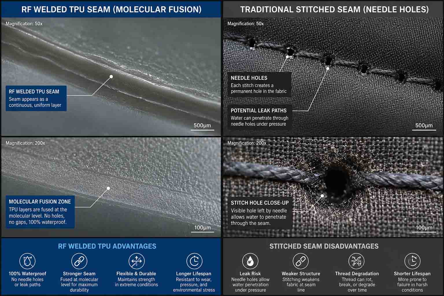 Microscopic view of RF welded TPU seam vs stitched fabric on dry bag