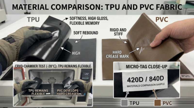 TPU laminated fabric vs PVC coated fabric comparison for dry bags — flexibility, finish and denier