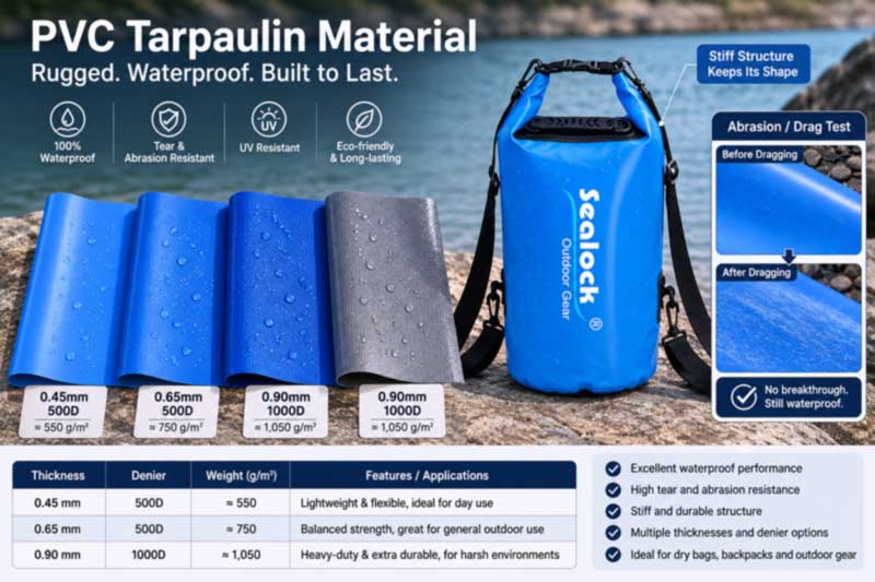 PVC tarpaulin dry bag material samples — coating thickness, denier, rigidity and abrasion resistance