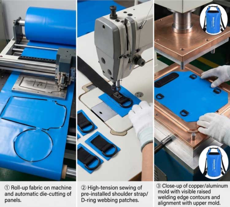 Dry bag manufacturing — automated panel cutting, pre-assembly stitching of load-bearing parts, and custom brass welding die setup
