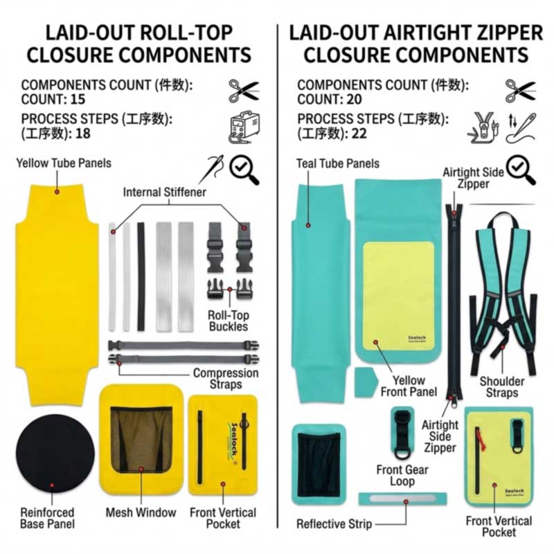 Component comparison between a roll-top closure and a rated waterproof zipper closure on a waterproof backpack