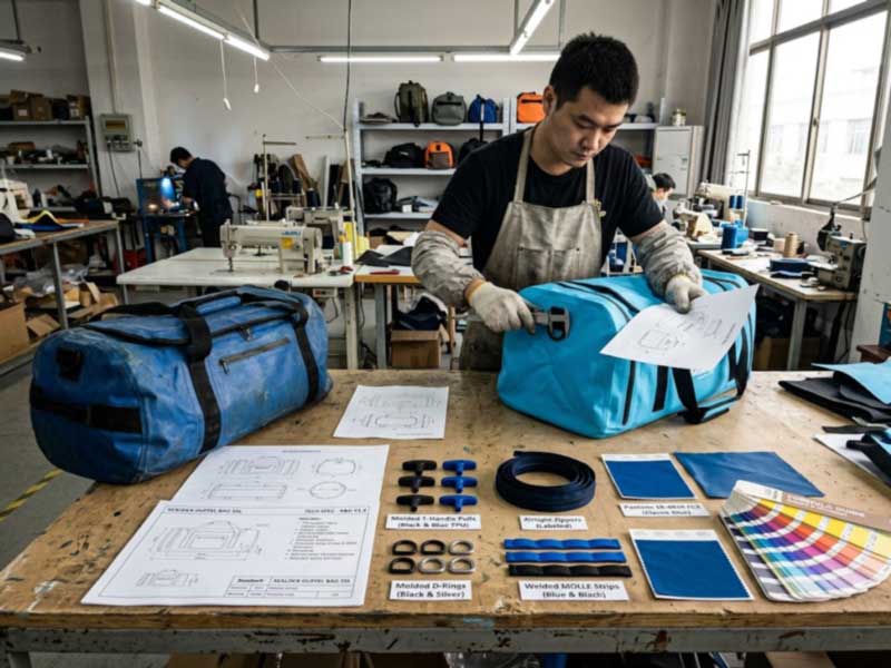 OEM duffel development — buyer reference sample and spec sheet alongside hardware options, Pantone references and a first sample under review