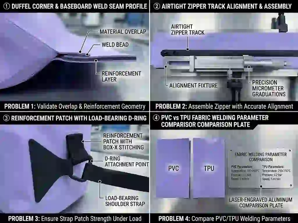 Duffel supplier capability checks — corner and base weld construction, linear airtight zipper track alignment jig, reinforced anchor points and material-weld compatibility