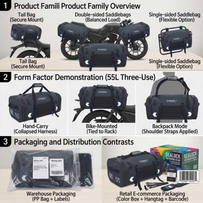 Distributor own-brand motorcycle luggage system across four mounting positions, the 55L three-way conversion, and dual-channel packaging
