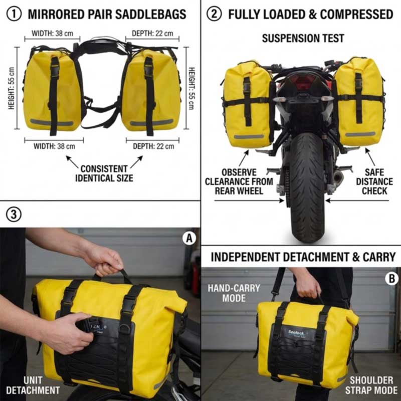 Mirror-matched saddlebag pair, loaded clearance check with rear suspension compressed, and single bag detached with shoulder strap