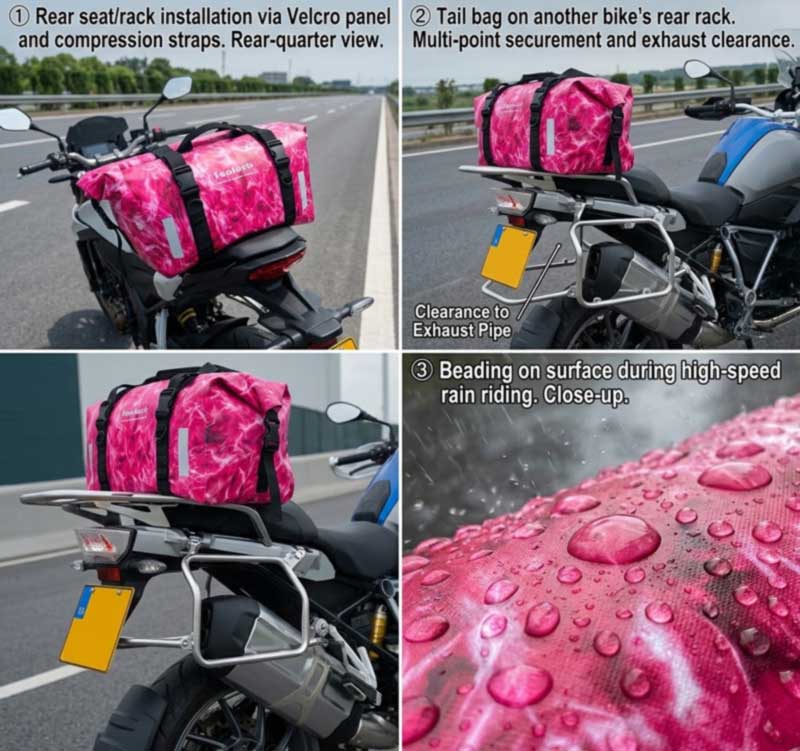 Motorcycle waterproof luggage mounted by universal straps and by rear rack, showing exhaust clearance and rain performance at speed