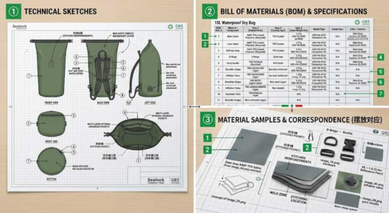 Multi-view technical sketches with numbered callouts, a bill of materials listing coating, zipper grade and hardware, and physical swatches matched to BOM lines