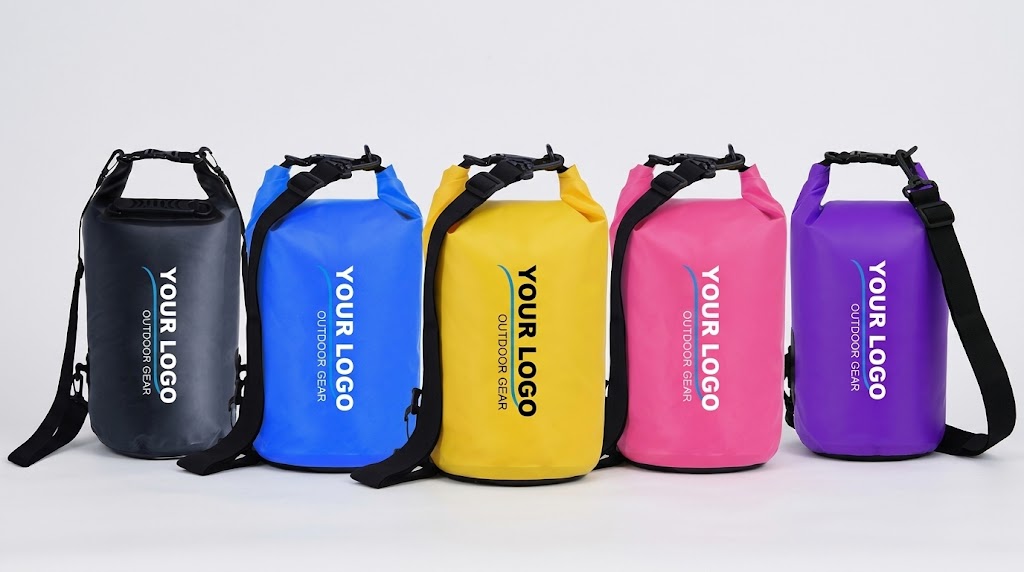 Same roll-top dry bag in five colours, side by side, each printed with a sample logo