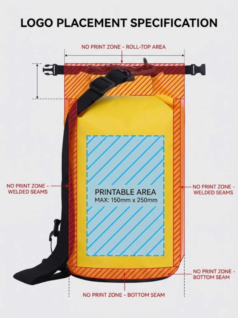 Diagram of a roll-top dry bag showing the printable zone below the fold area and away from welded edges