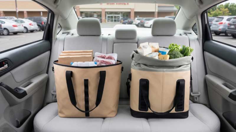 two zippered insulated grocery bags with frozen and chilled food on a car seat