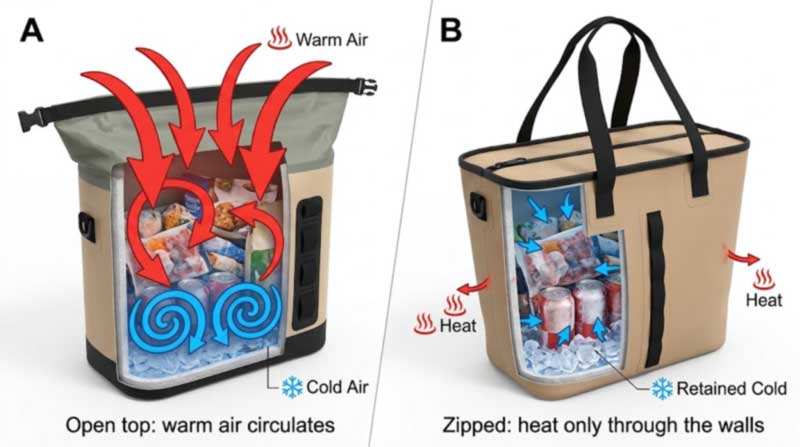 why a zipper matters: warm air circulating into an open insulated grocery bag versus a zipped bag why a zipper matters: warm air circulating into an open insulated grocery bag versus a zipped bag